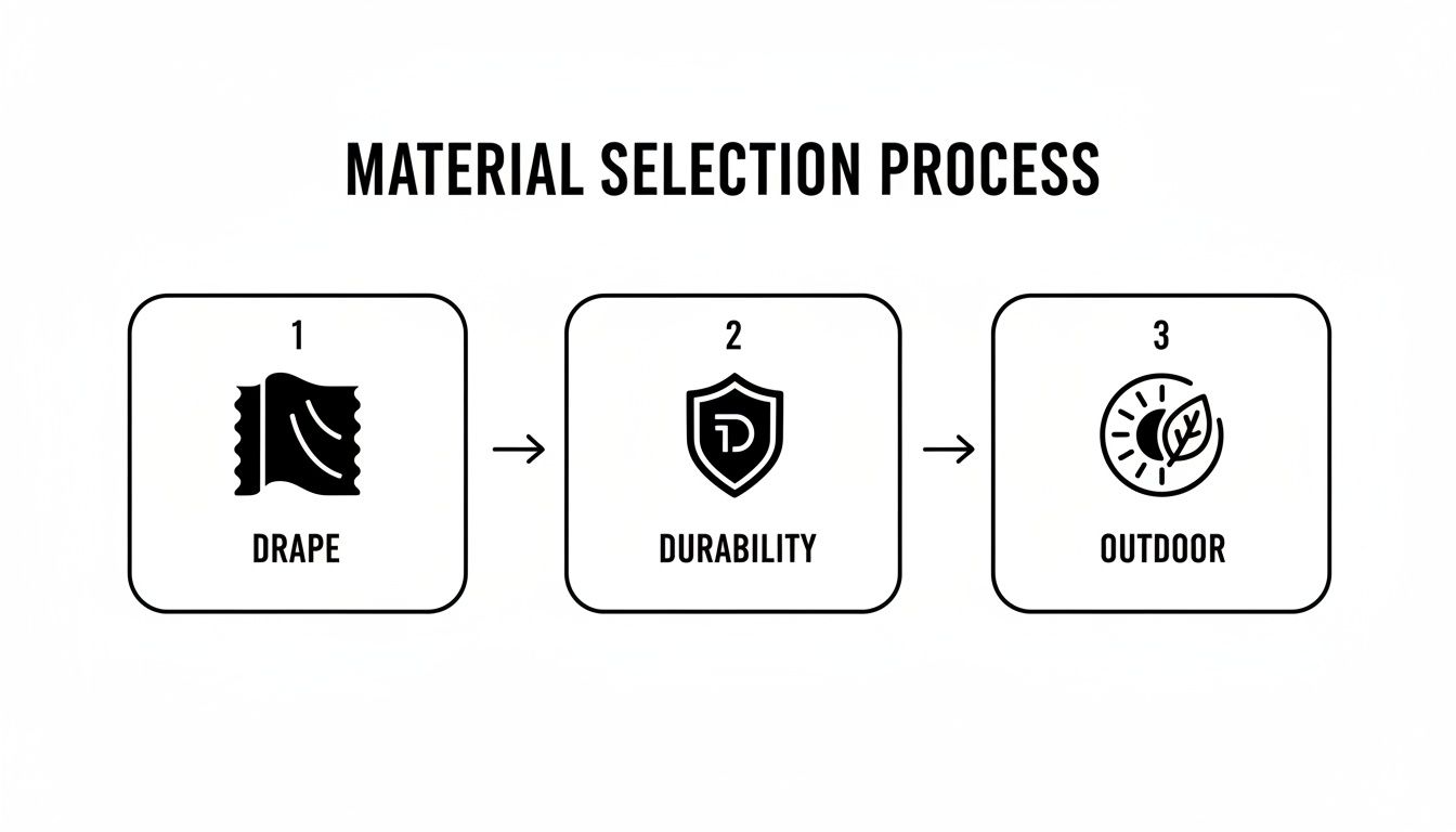 Diagram showing a three-step material selection process: Drape, Durability, and Outdoor suitability for textiles.