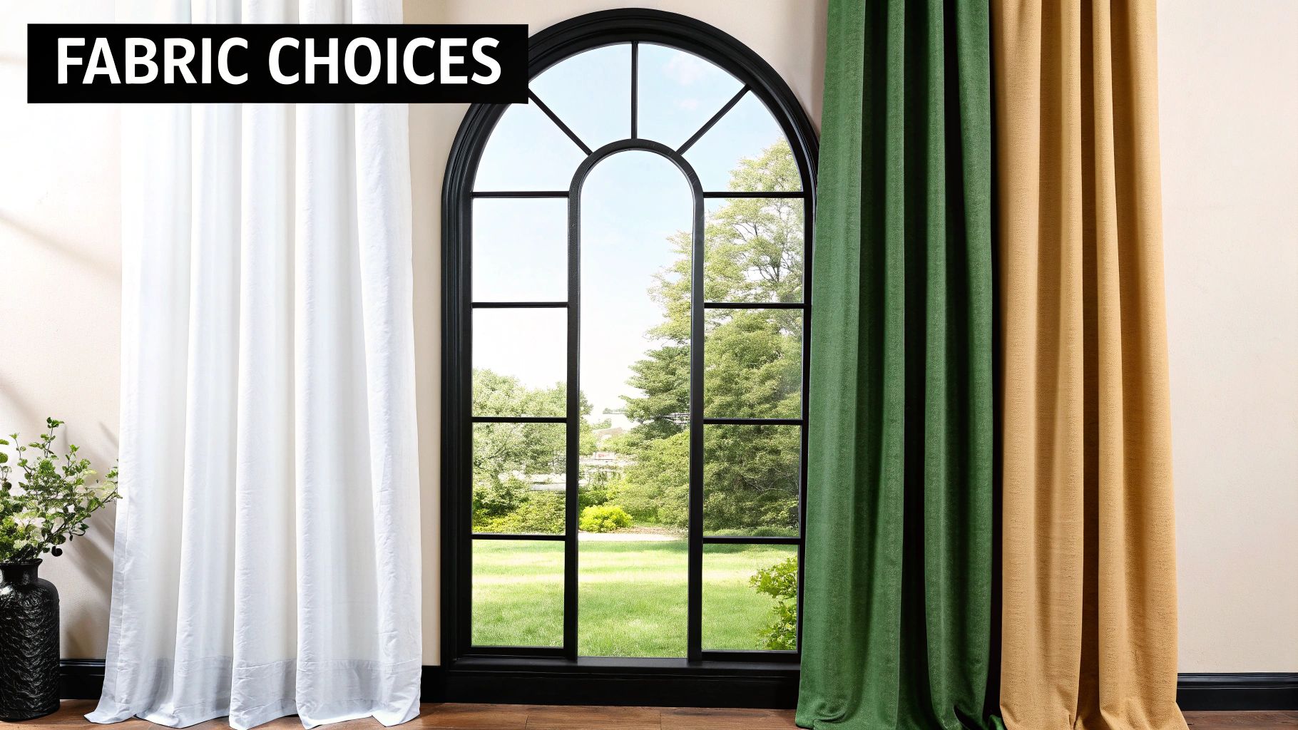 A large arched window displaying three curtain fabric choices: white, green, and gold, with outdoor scenery.