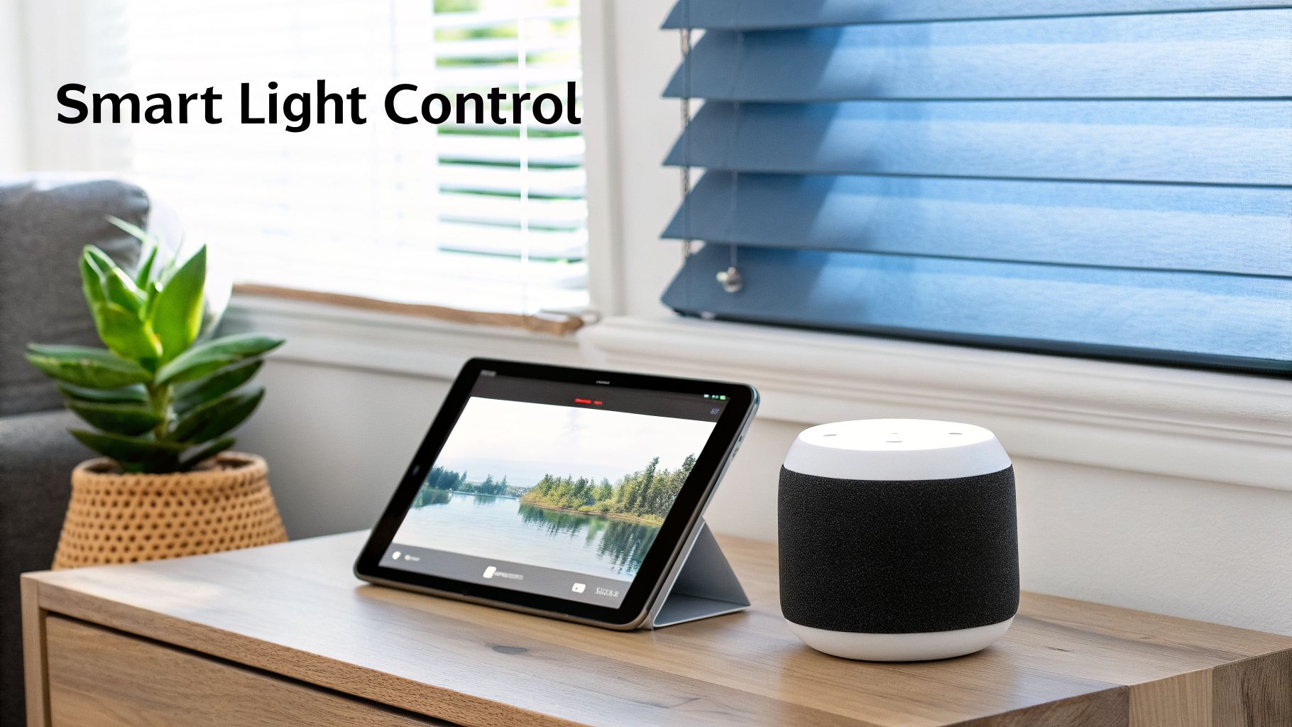 A tablet and smart speaker on a wooden table, showcasing smart light control features.