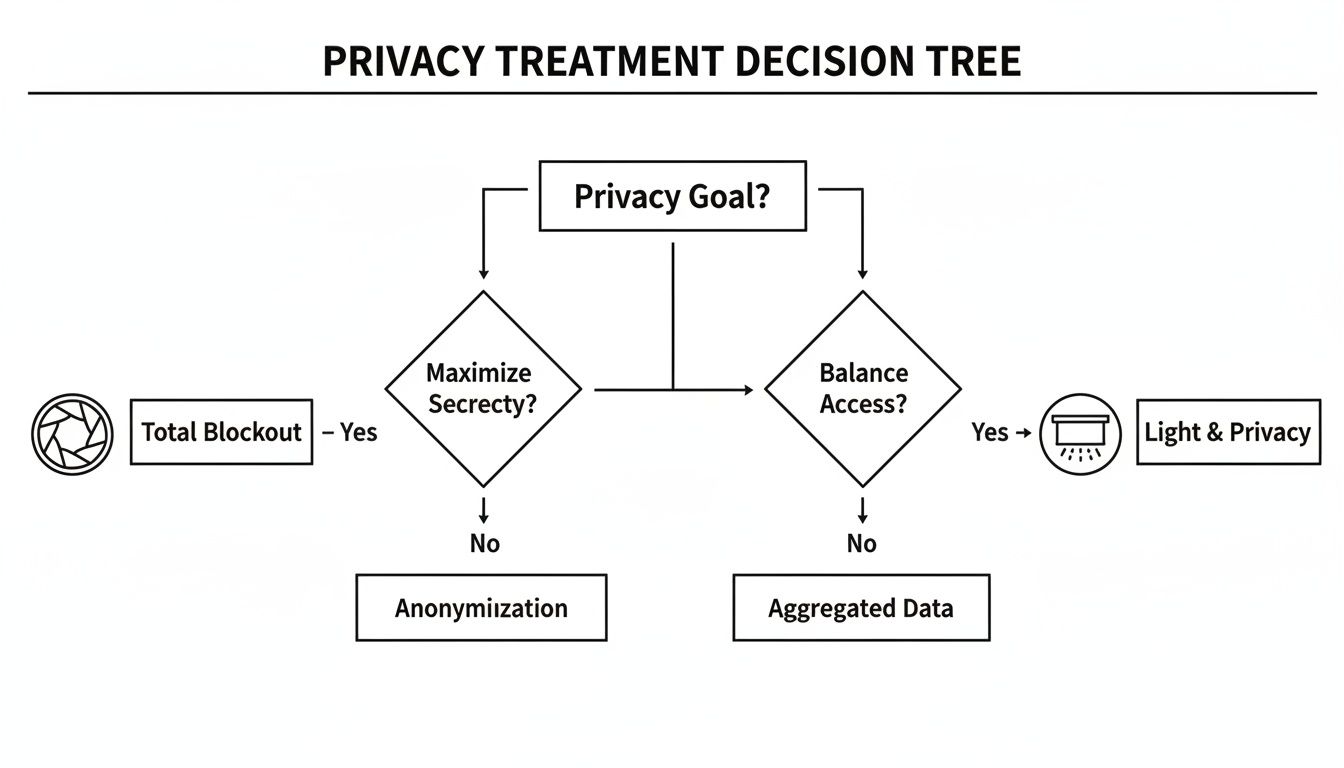 A privacy treatment decision tree illustrating paths for maximizing secrecy or balancing access.