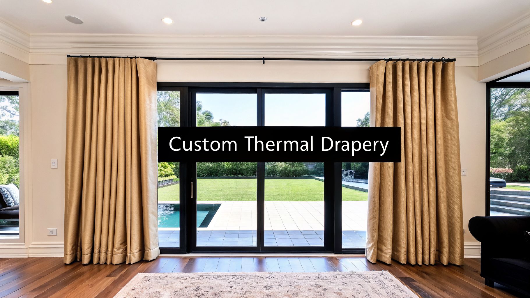 Elegant gold thermal drapes frame a sliding glass patio door, opening to a beautiful backyard with a pool and lawn.
