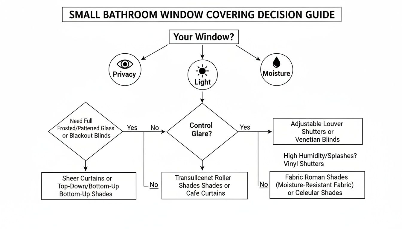 Flowchart decision guide for selecting small bathroom window coverings based on privacy, light, and moisture.