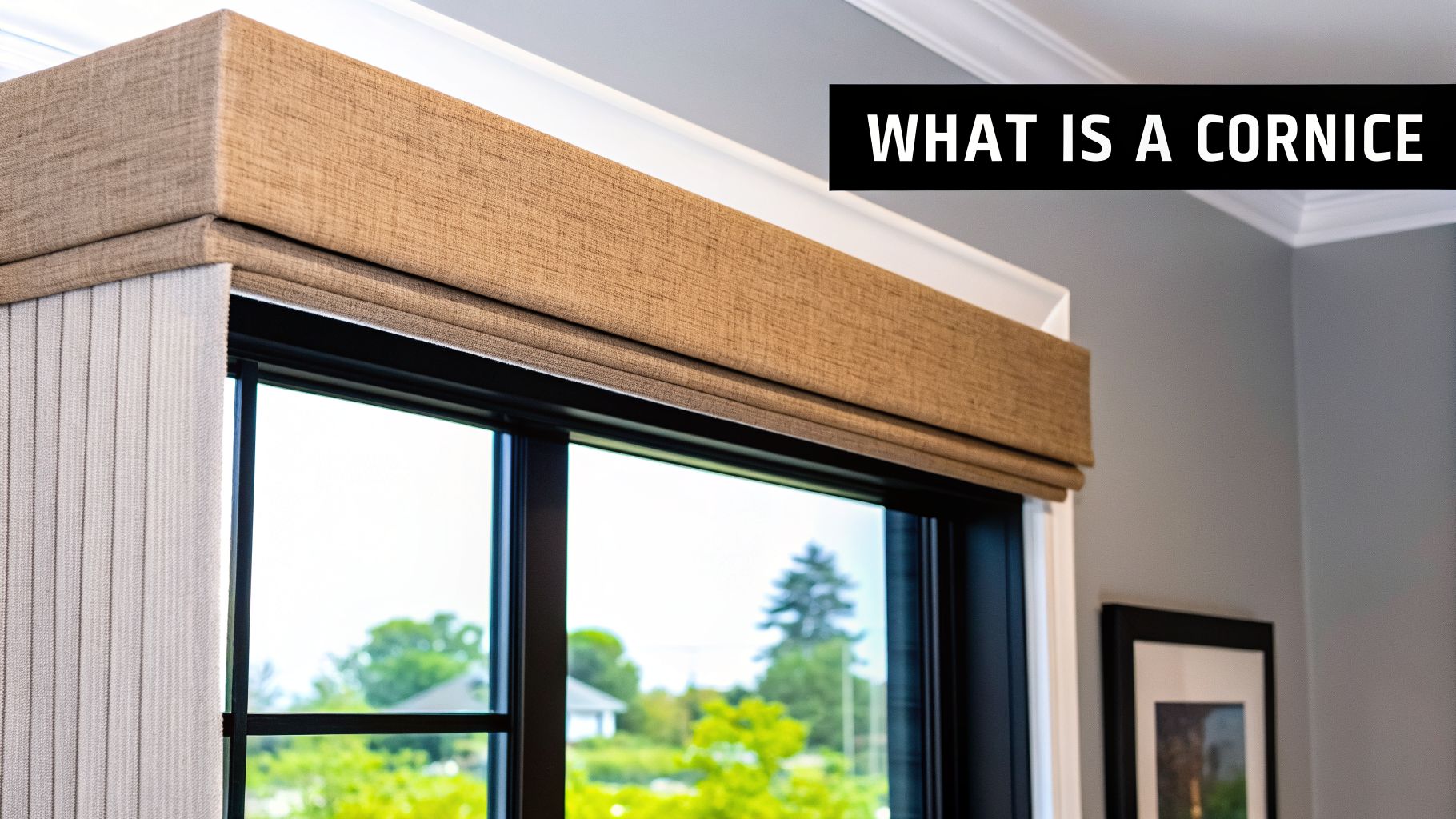 Brown fabric cornice board and Roman shade covering a window with an outdoor view.