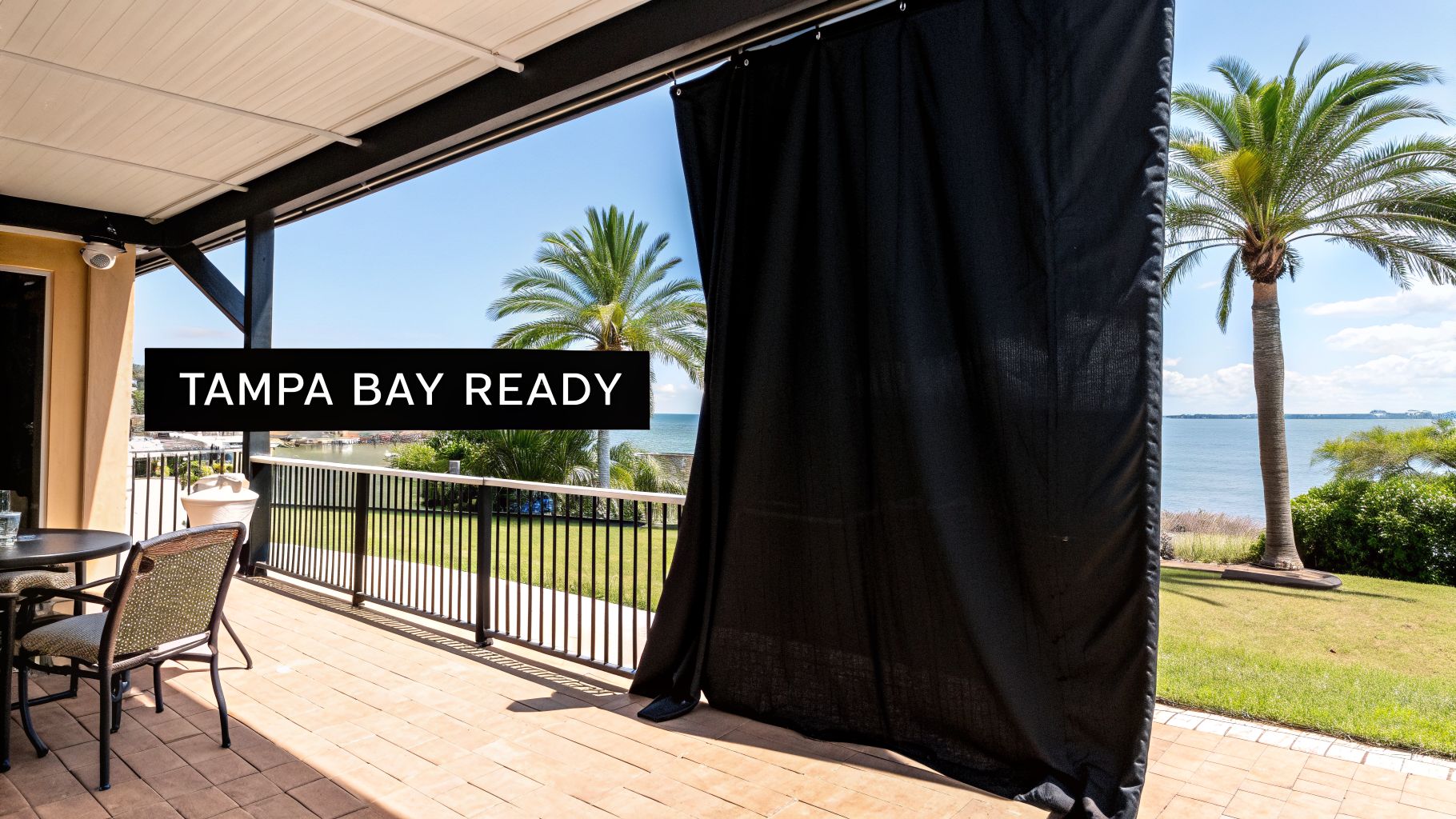 Outdoor patio with a black blackout curtain partially drawn, overlooking Tampa Bay with palm trees.
