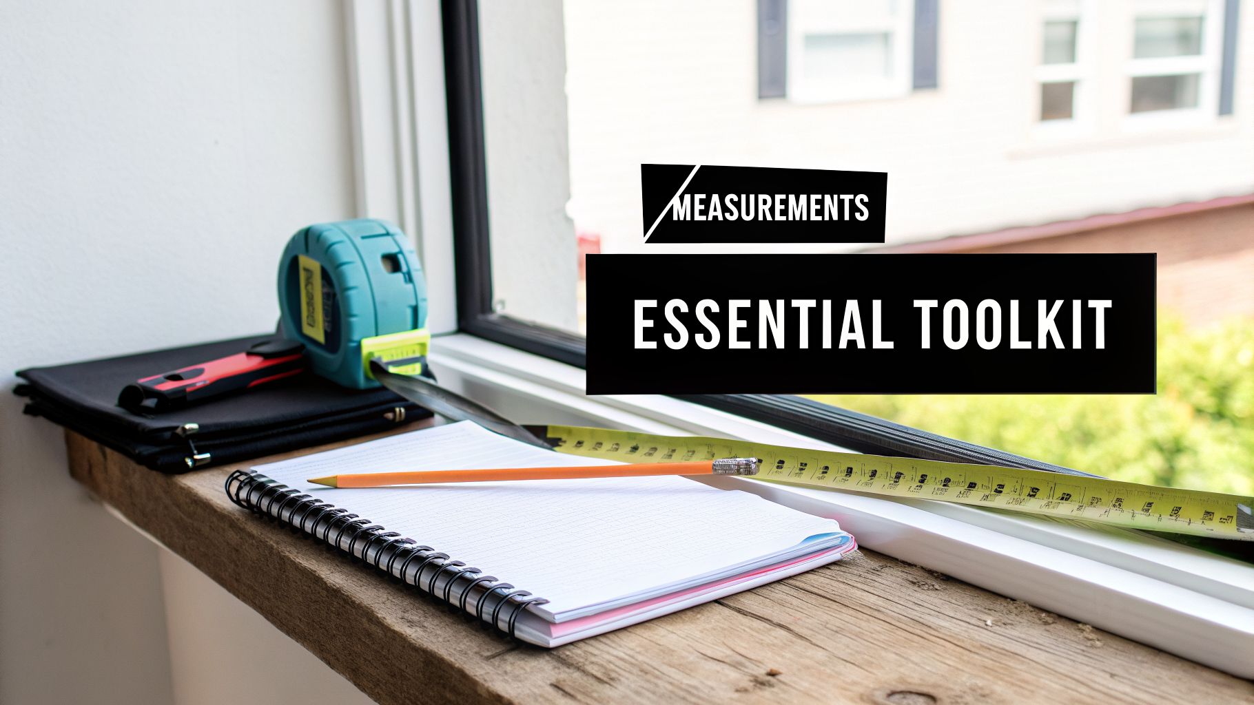 A tape measure, pencil, and notebook on a wooden sill, part of an essential toolkit for measurements.