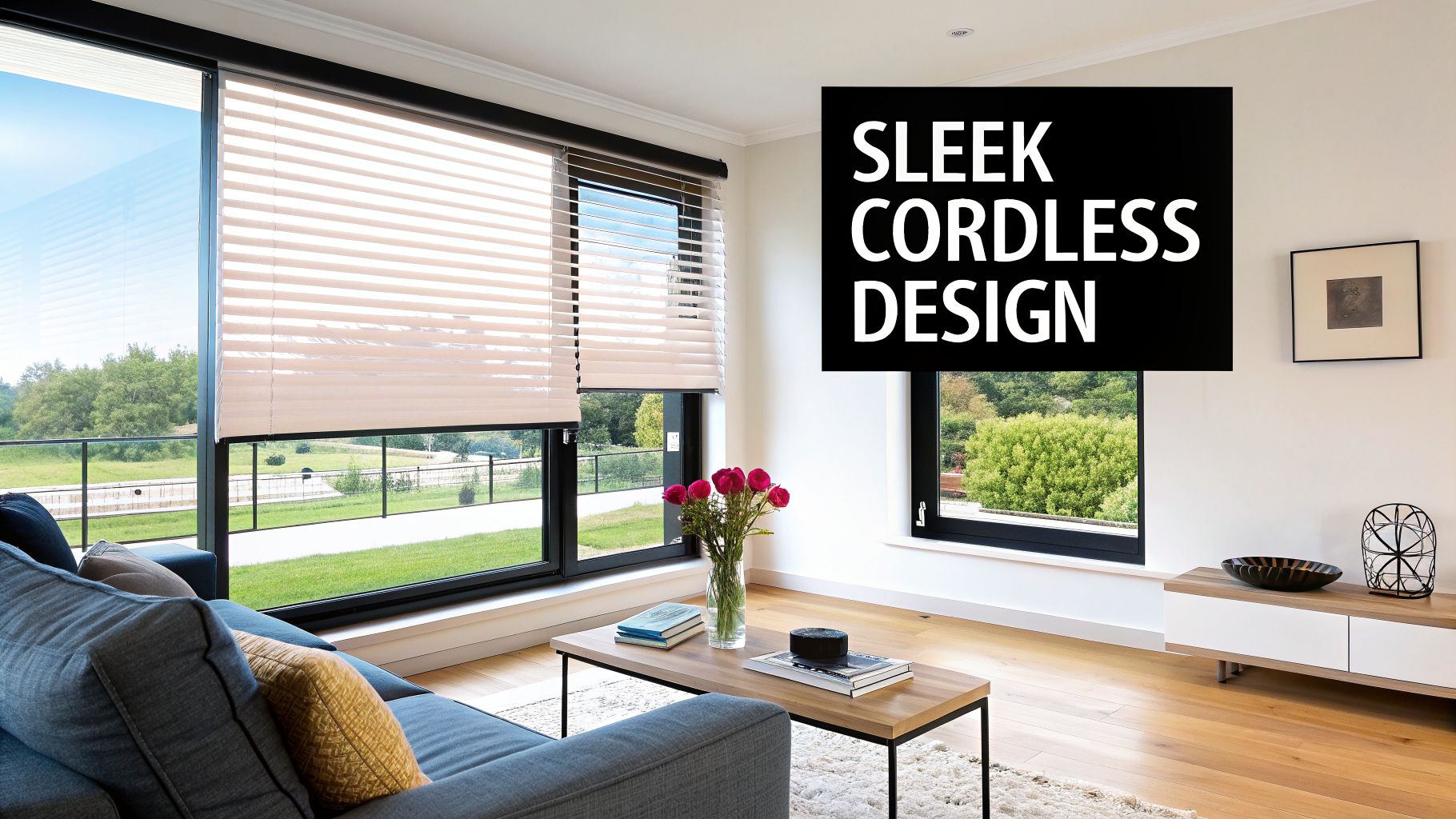 A modern living room with large windows featuring sleek, light-colored cordless blinds overlooking a green landscape.