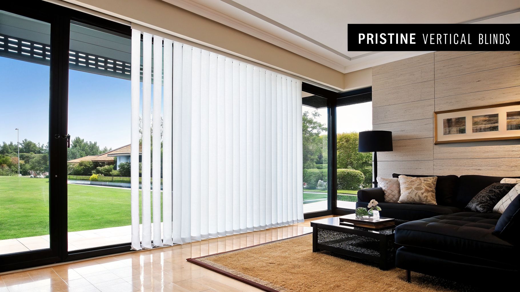 A modern living room features white vertical blinds on large glass doors with a view of a lush green lawn.