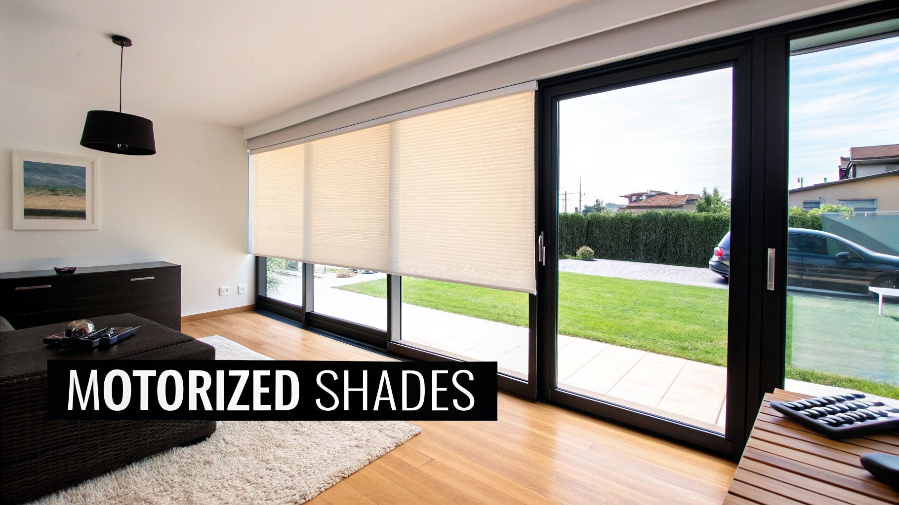 Modern living room with light-colored motorized cellular shades on large sliding glass patio doors.