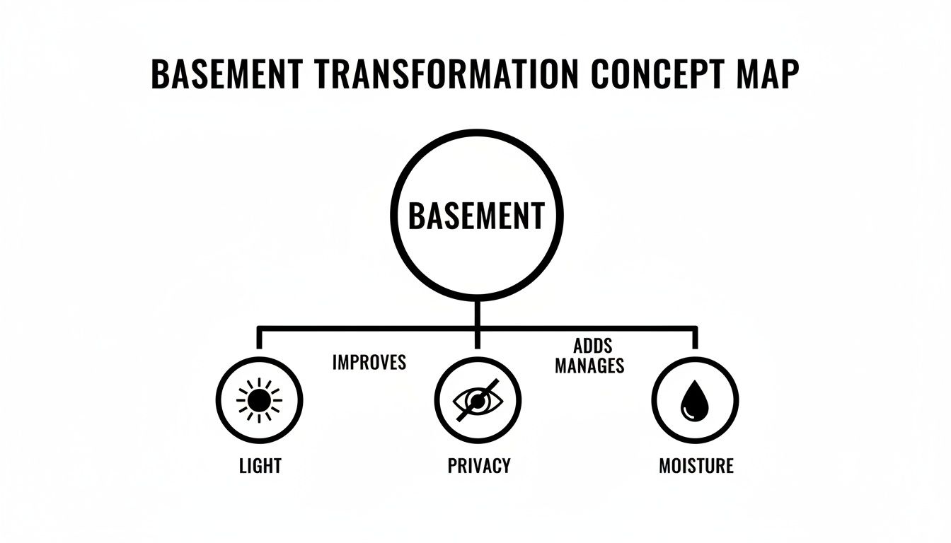 A concept map showing basement transformation goals: improving light, privacy, and managing moisture.