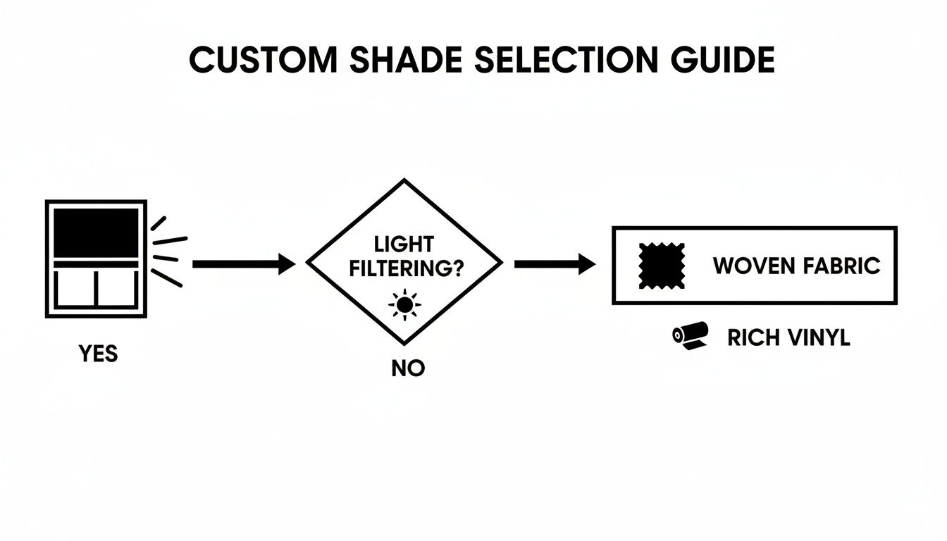Flowchart guide for custom shade selection, differentiating woven fabric for light filtering and rich vinyl.