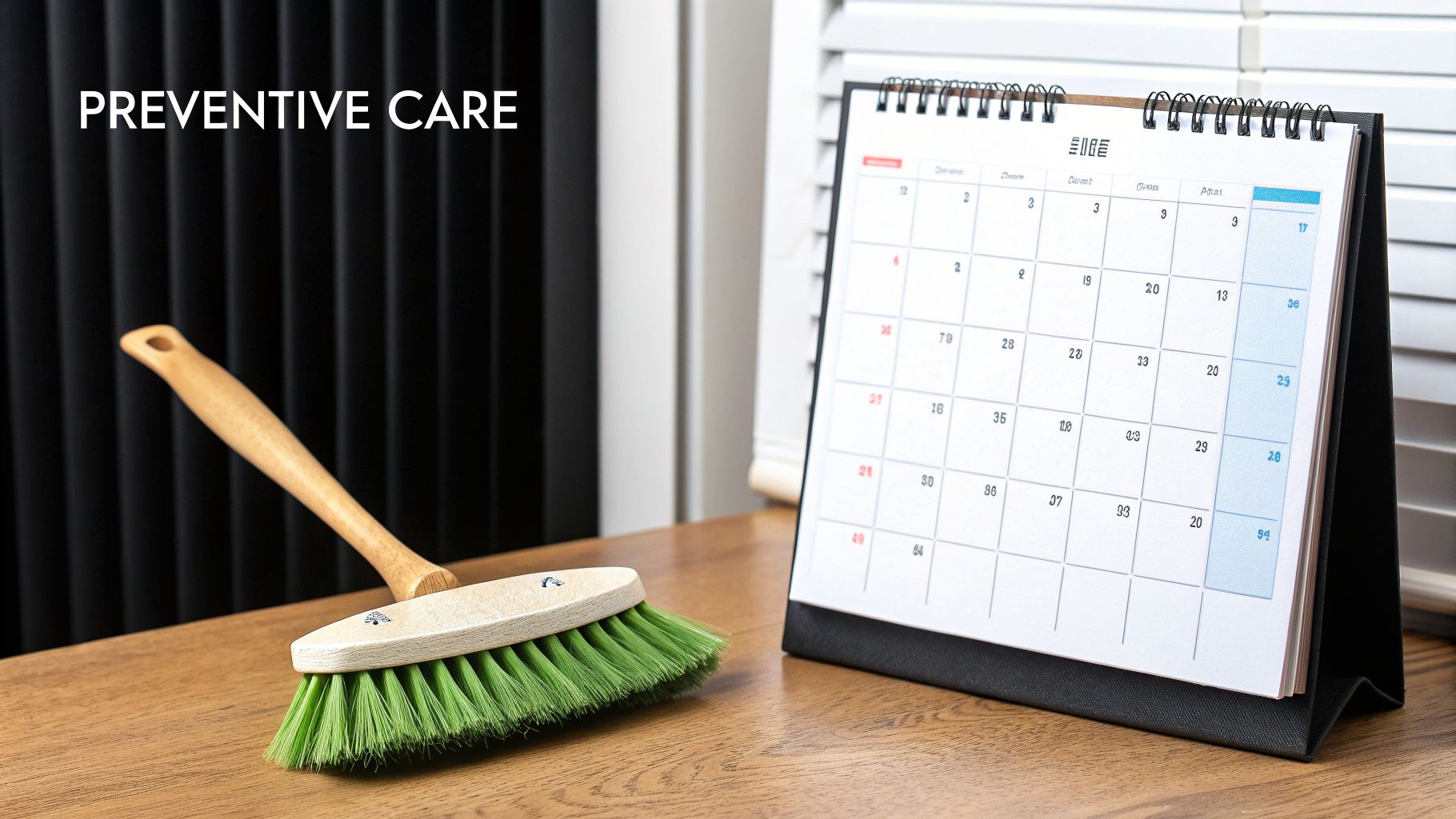 A small broom with green bristles and a desk calendar on a wooden table, representing preventive cleaning.