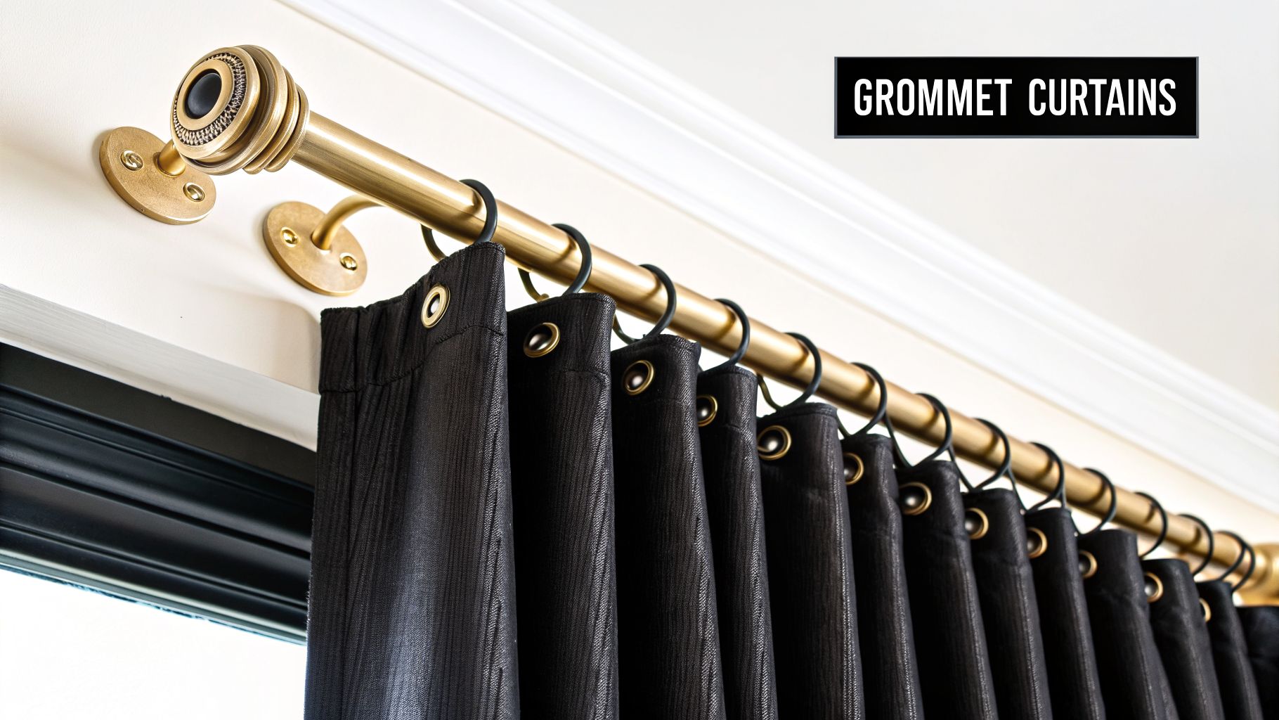 Black grommet curtains with gold eyelets hanging on a decorative golden curtain rod.