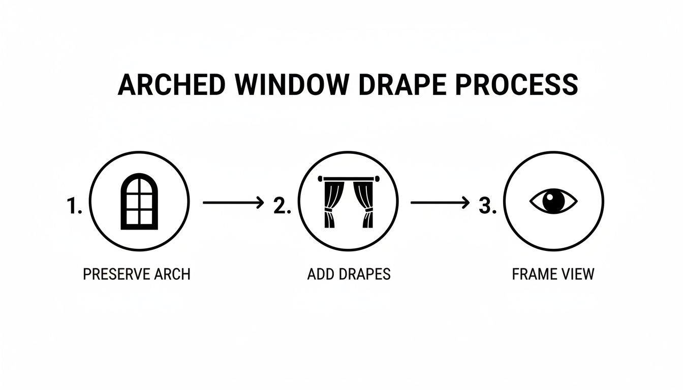 Diagram showing a 3-step process for hanging drapes on arched windows: preserve arch, add drapes, frame view.