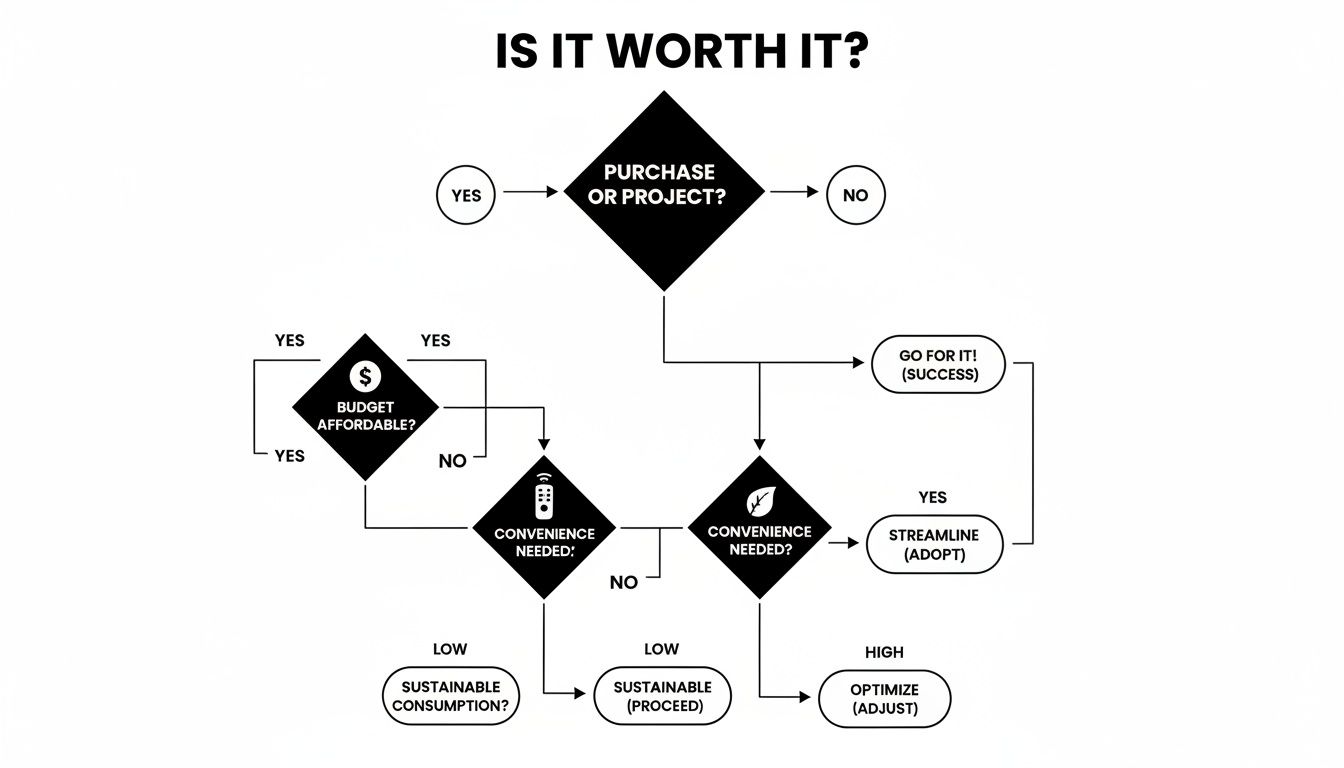 Flowchart titled 'Is It Worth It?' guiding decisions on purchases or projects based on budget, convenience, and sustainability.