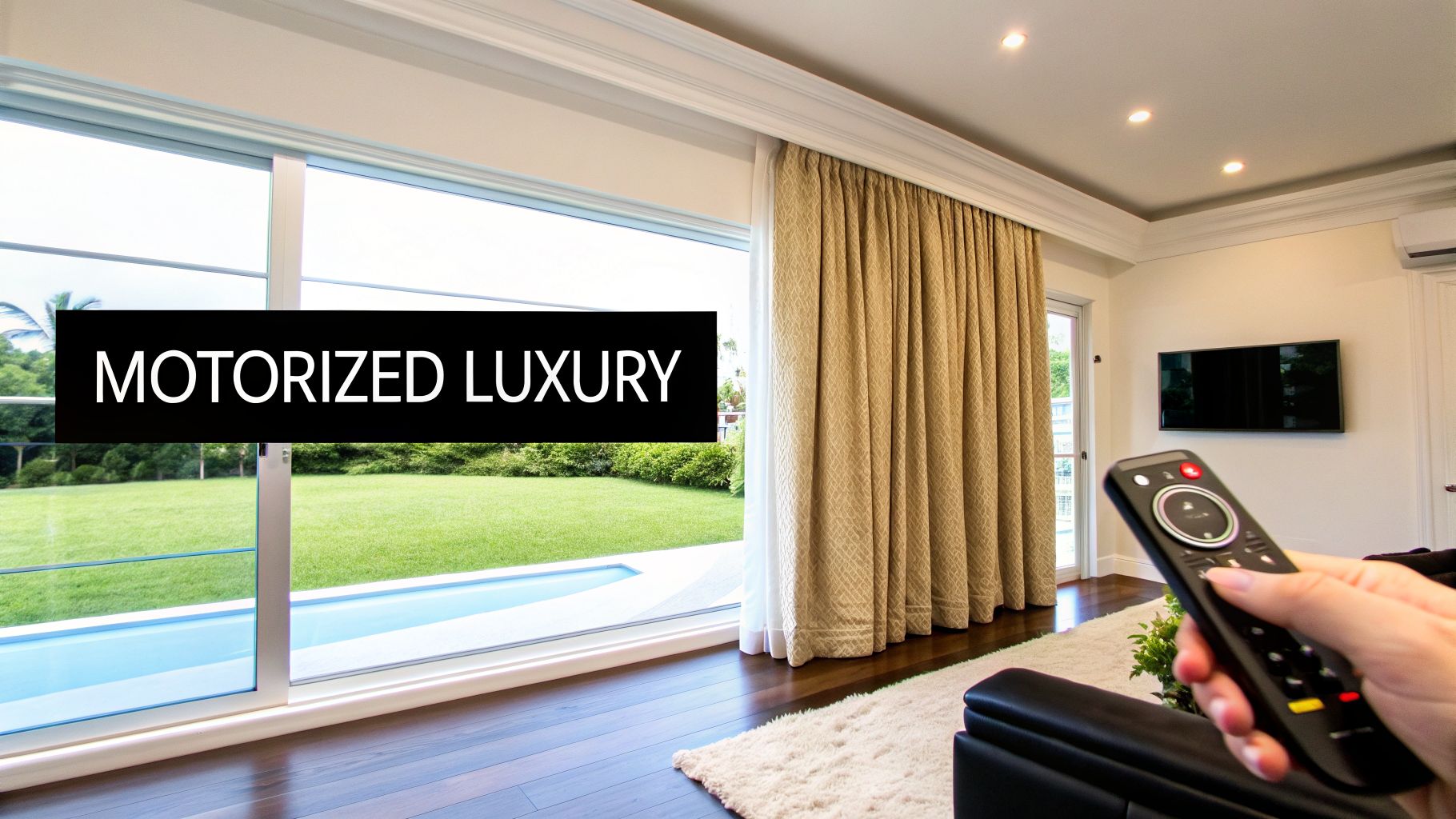 A hand holding a remote control in a modern living room with motorized curtains, a large window, and a view of a garden and pool.