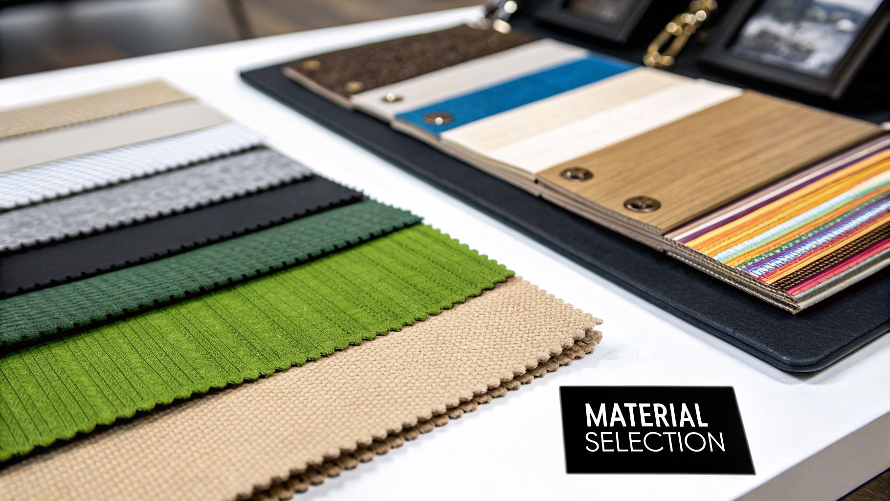 A collection of diverse textile swatches and material samples, including wood and colorful patterns, for selection.