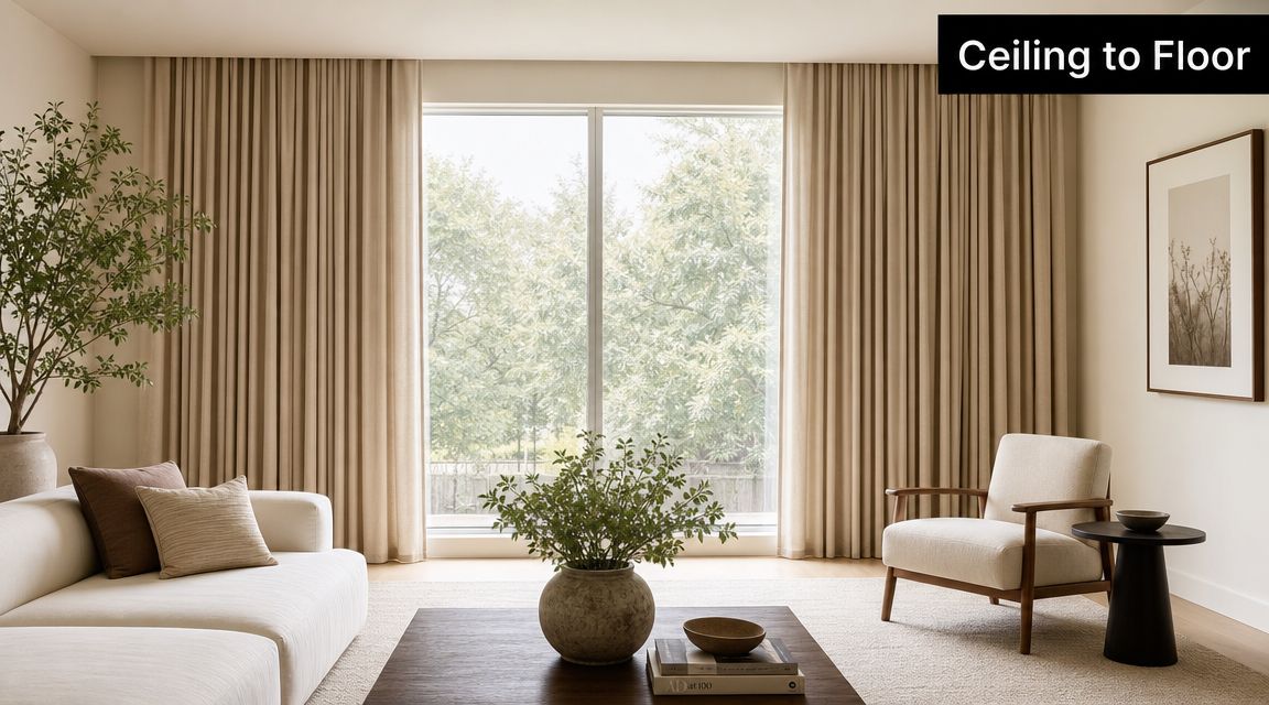 A modern living room featuring floor-to-ceiling beige curtains framing a large window with lush outdoor trees visible.