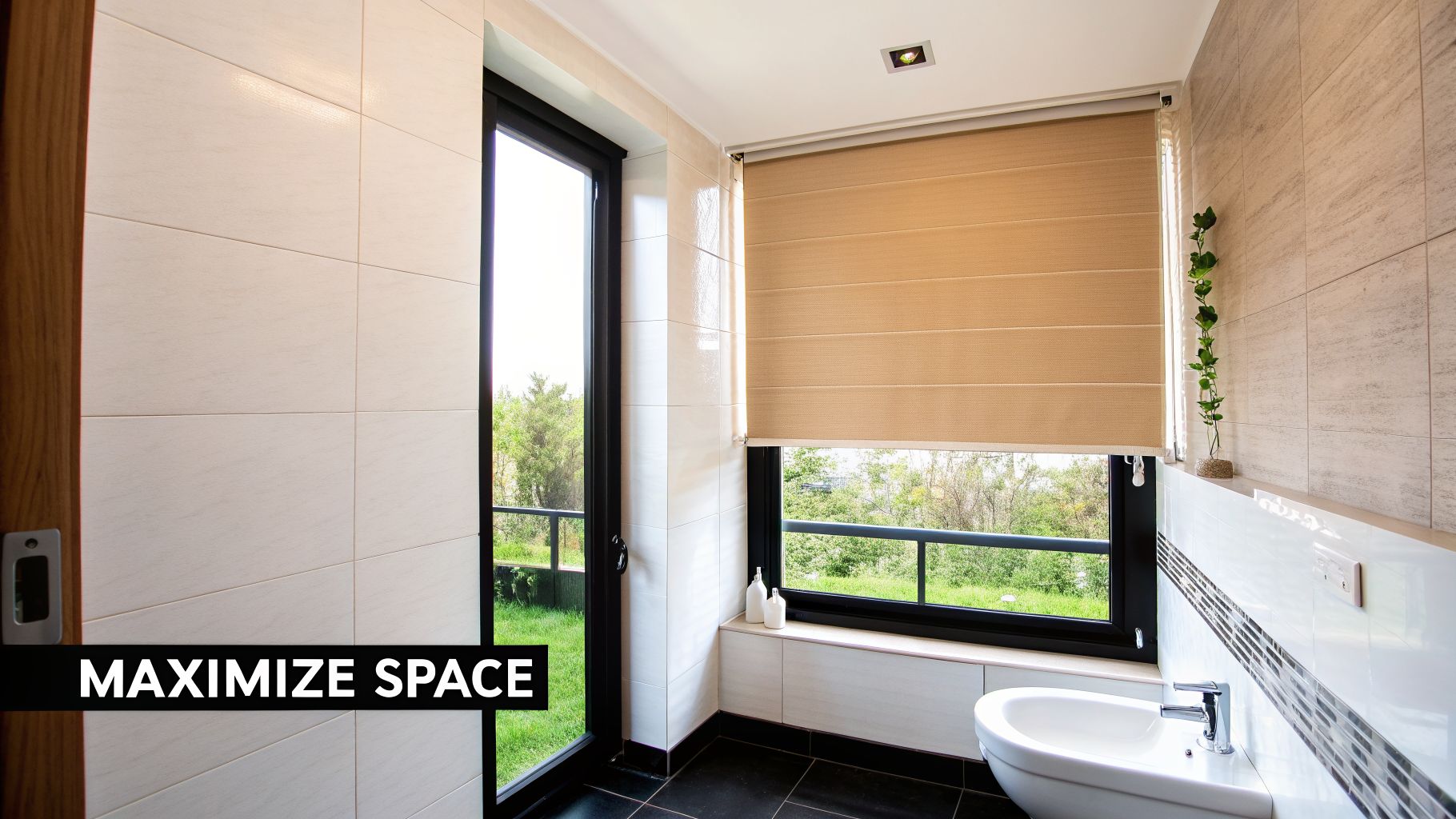 A modern small bathroom with light tiles, a large window featuring a beige Roman blind, and a bidet.