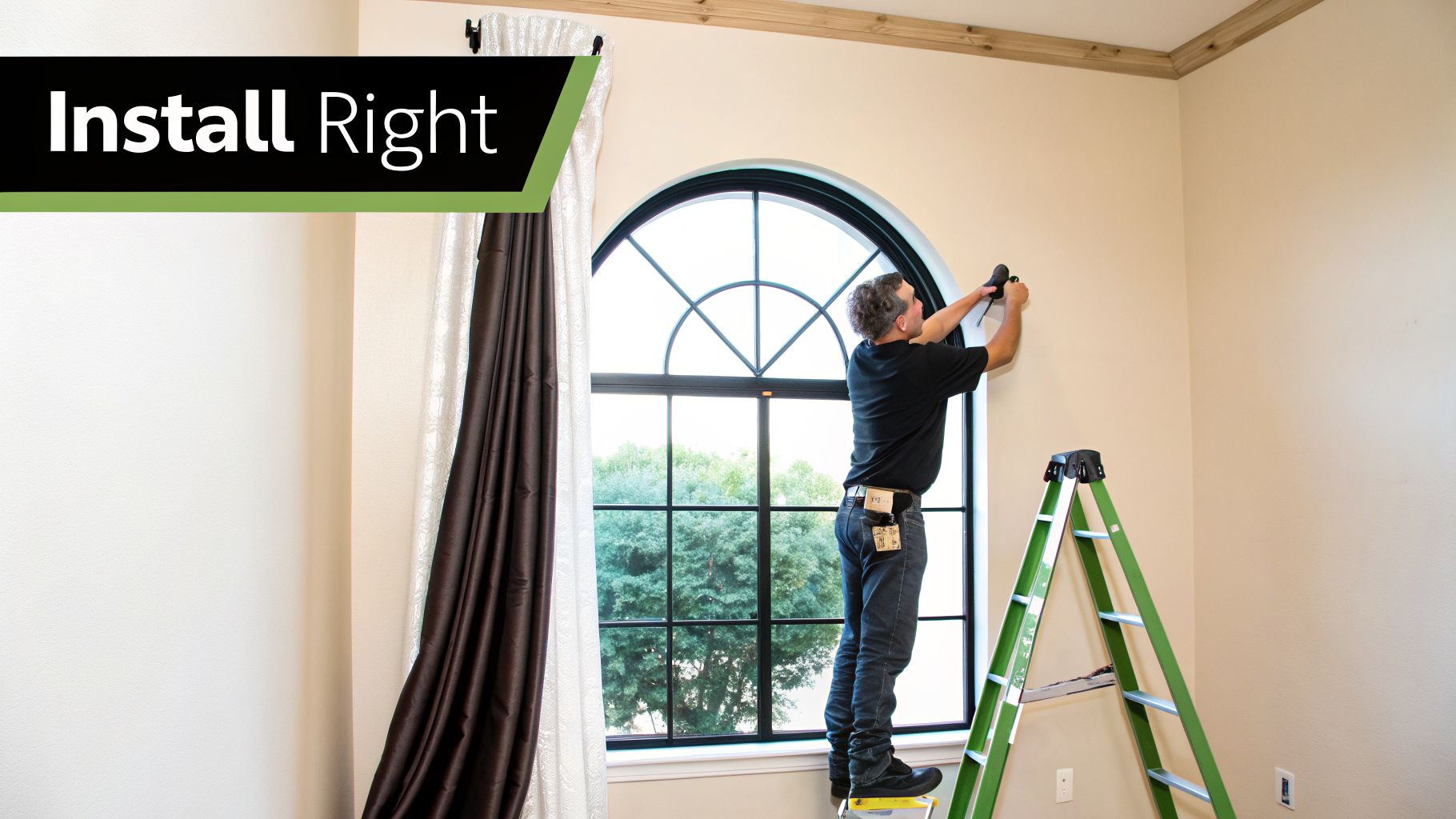 A man on a ladder installing curtain hardware above a large arched window, with drapes hanging.