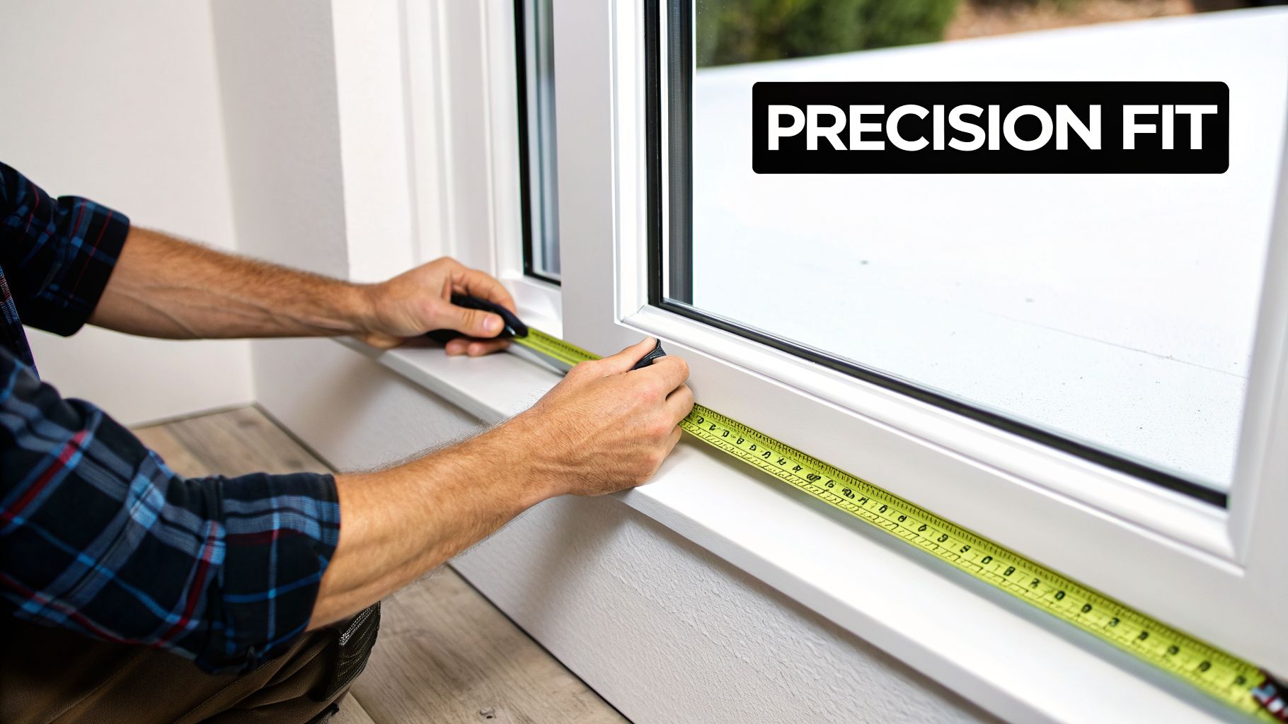 Hands holding a yellow tape measure against a white window frame, emphasizing precision for a perfect fit.