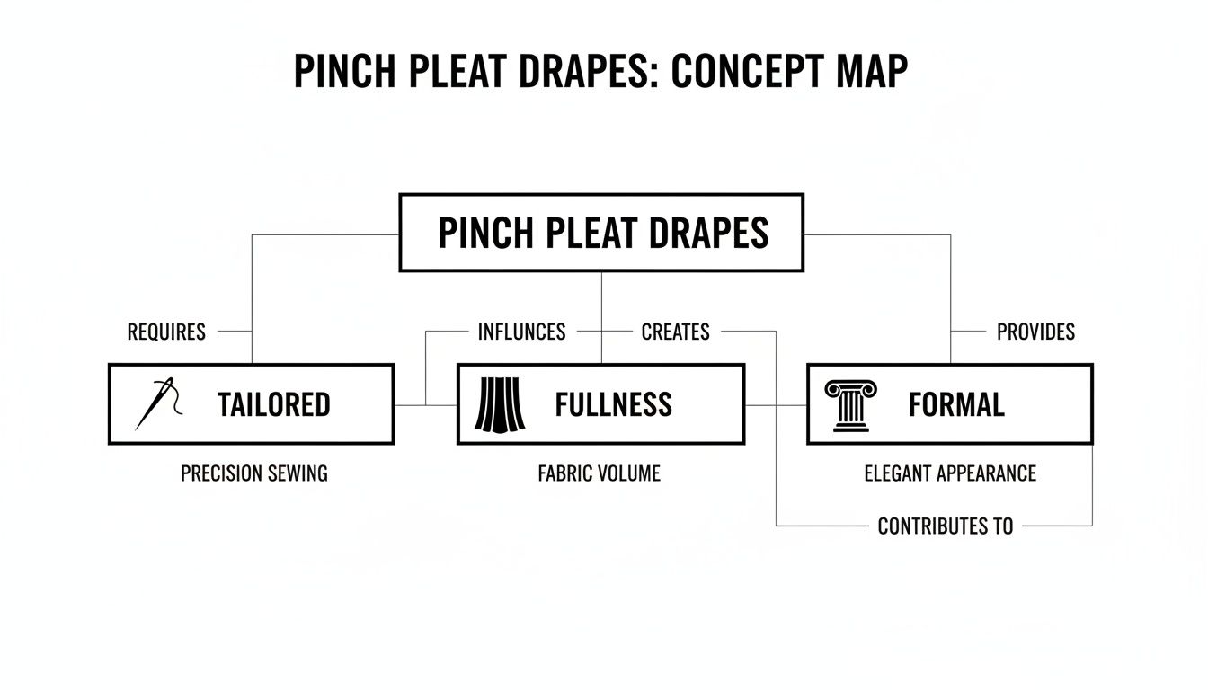 Concept map illustrating pinch pleat drapes, their tailored, fullness, and formal characteristics.