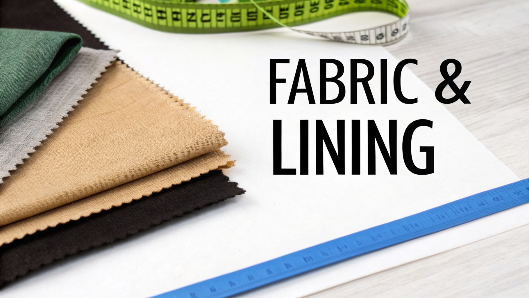 Fabric swatches in green, grey, beige, and black, alongside a measuring tape and ruler, with text 'FABRIC & LINING'.