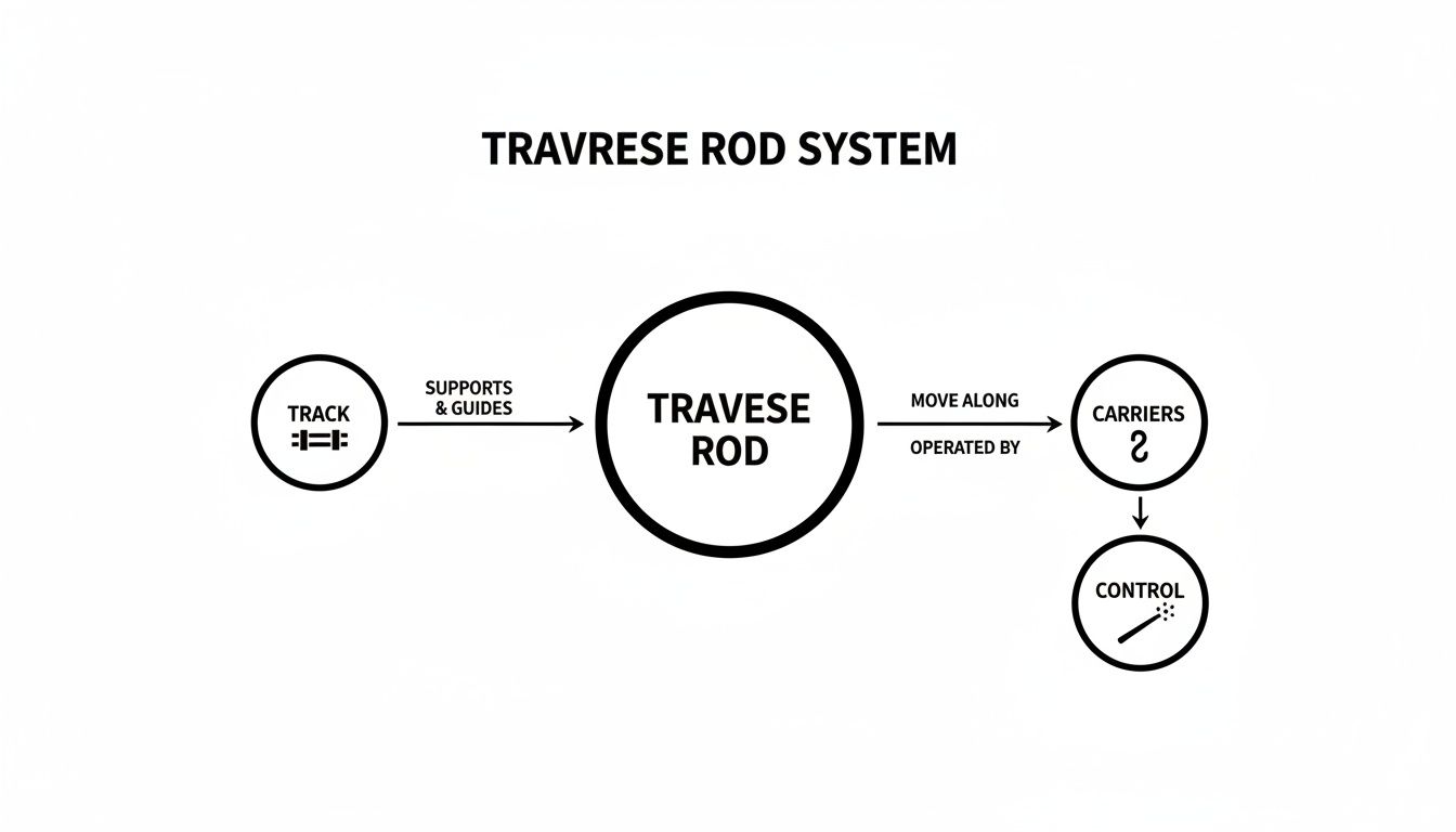 A diagram illustrating the components and flow of a traverse rod system, including track, rod, carriers, and control.