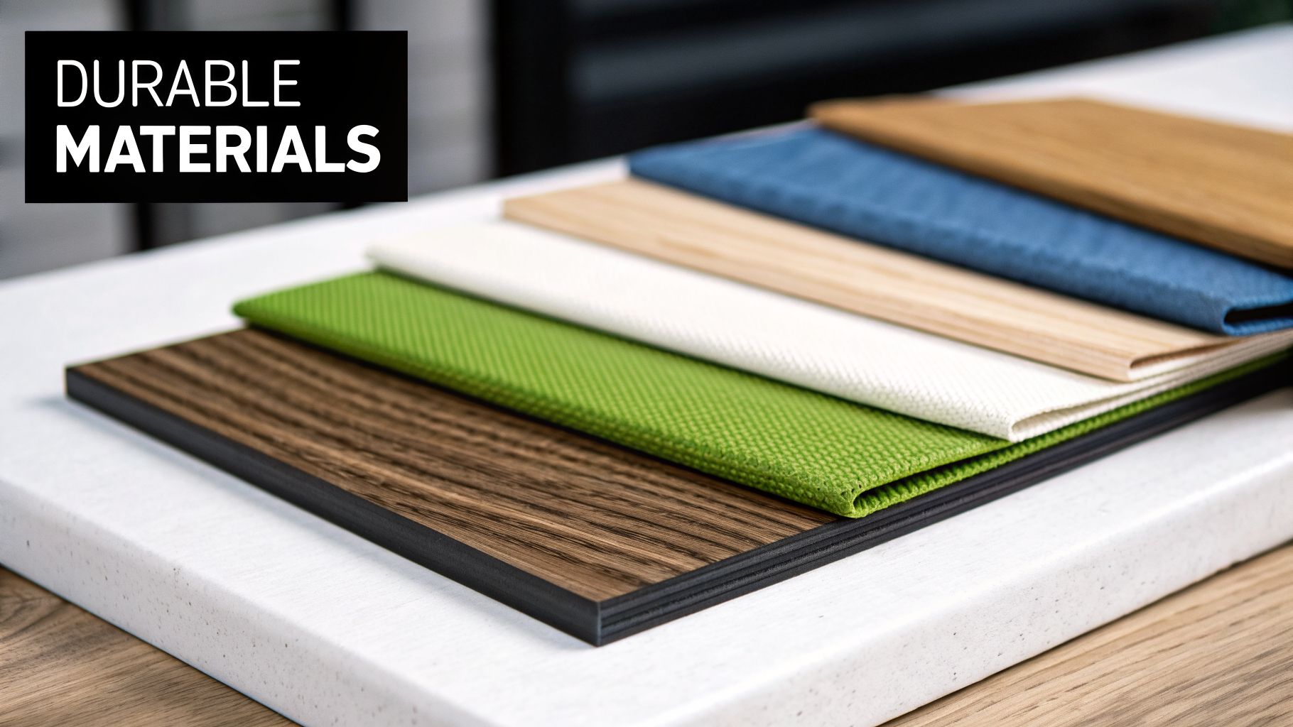 A stack of various durable material samples including wood, fabric, and laminate on a white surface.