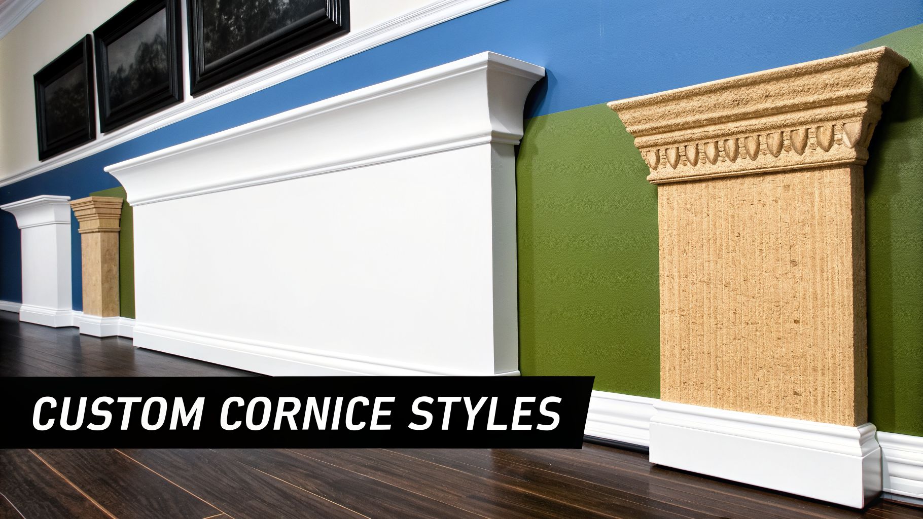 A display of various custom cornice styles and decorative wall trim pieces on a colorful wall.