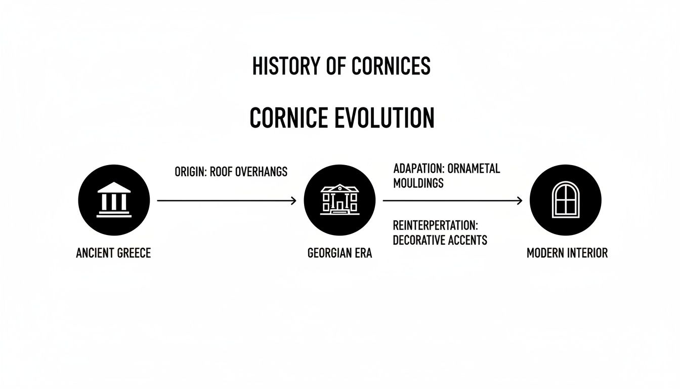 Timeline infographic detailing the evolution of cornices from ancient Greek roof overhangs to modern interior decorative accents.