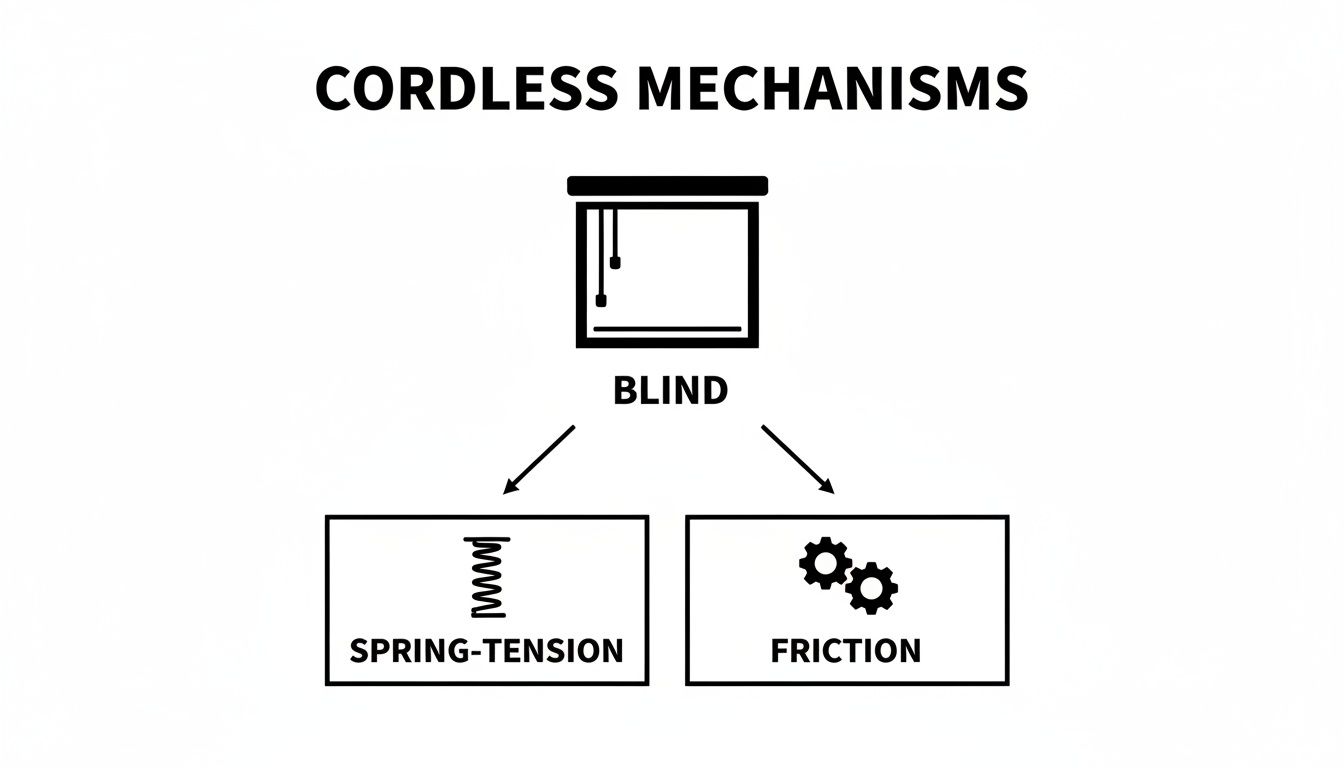 Diagram illustrating cordless window blind mechanisms, categorizing them into spring-tension and friction.