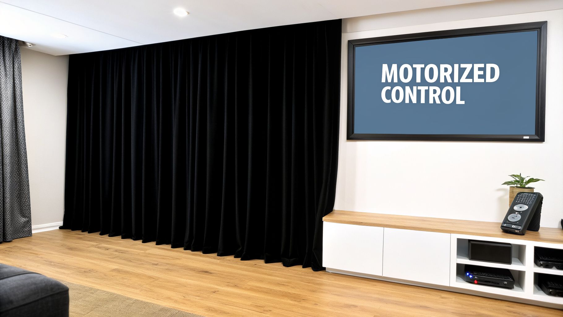 A modern home theater room featuring a large black motorized curtain, a TV screen, and media console.