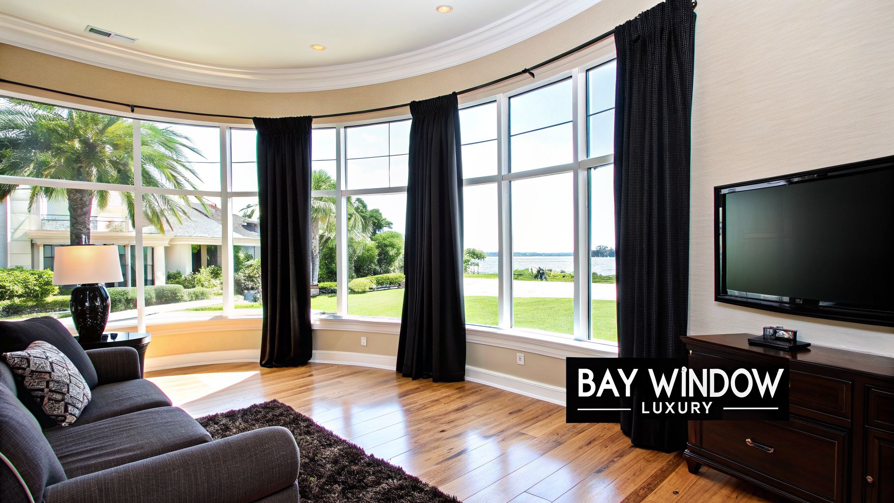 Elegant living room featuring a curved bay window with black curtains, offering a beautiful waterfront view.