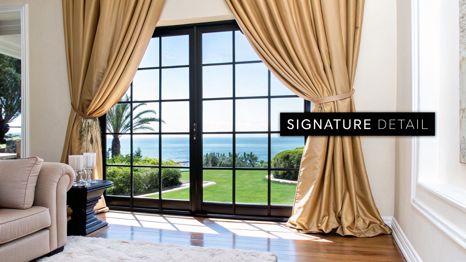 Luxurious living room with golden drapes tied back, showcasing a beautiful ocean and garden view.