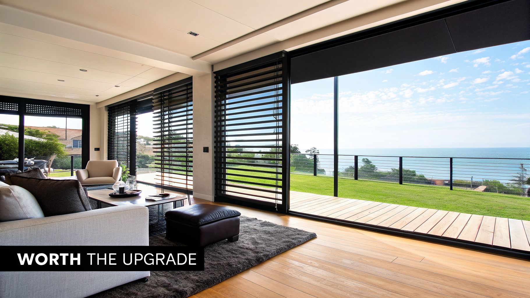 A luxurious living room with a stunning ocean view, featuring large windows and dark motorized blinds.
