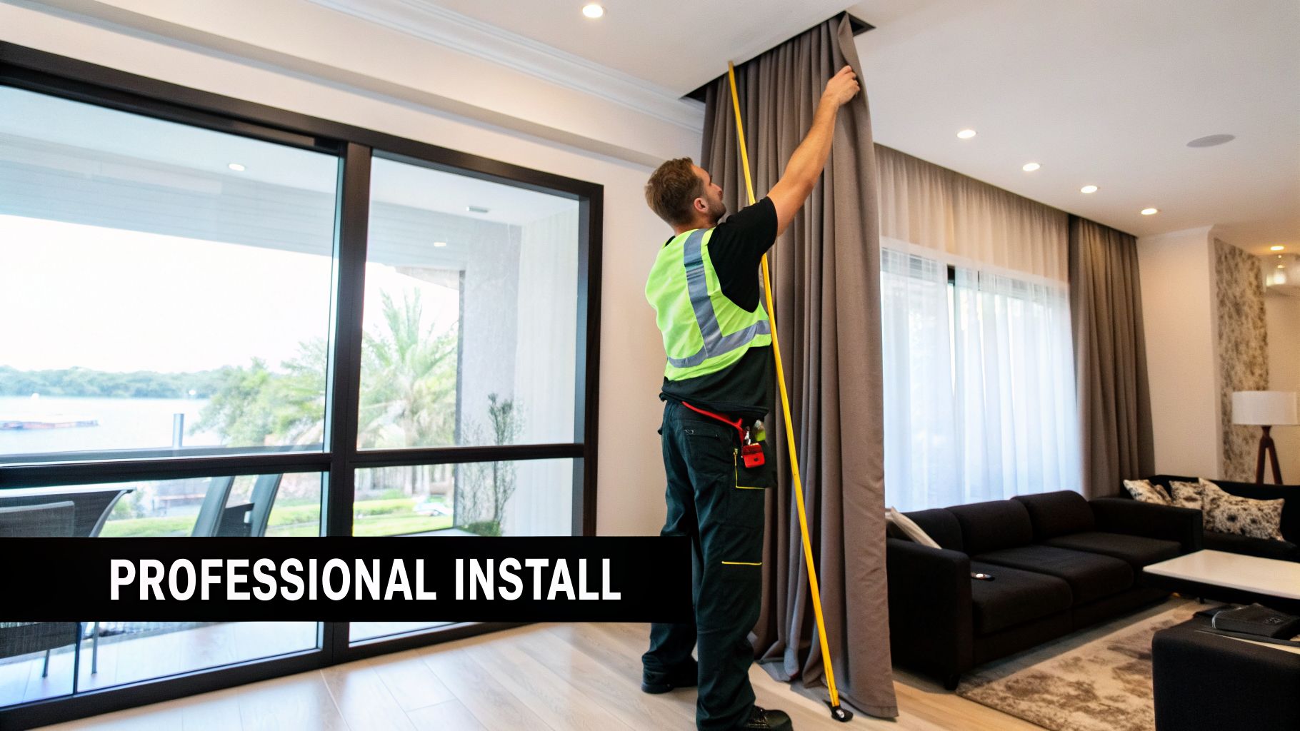 Professional installer hanging floor-to-ceiling curtains in a modern living room with large windows.
