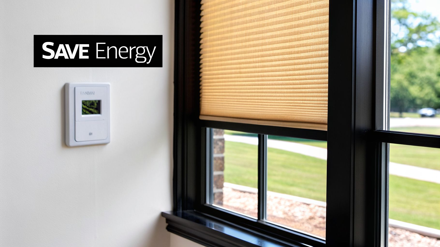 A window with a light-filtering cellular shade, a thermostat, and 'SAVE Energy' text, highlighting energy efficiency.